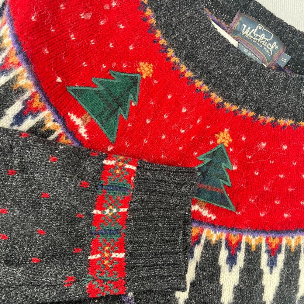 Vintage Woolrich Wool Fair Isle Sweater Small Black Red Knit Christmas Crewneck